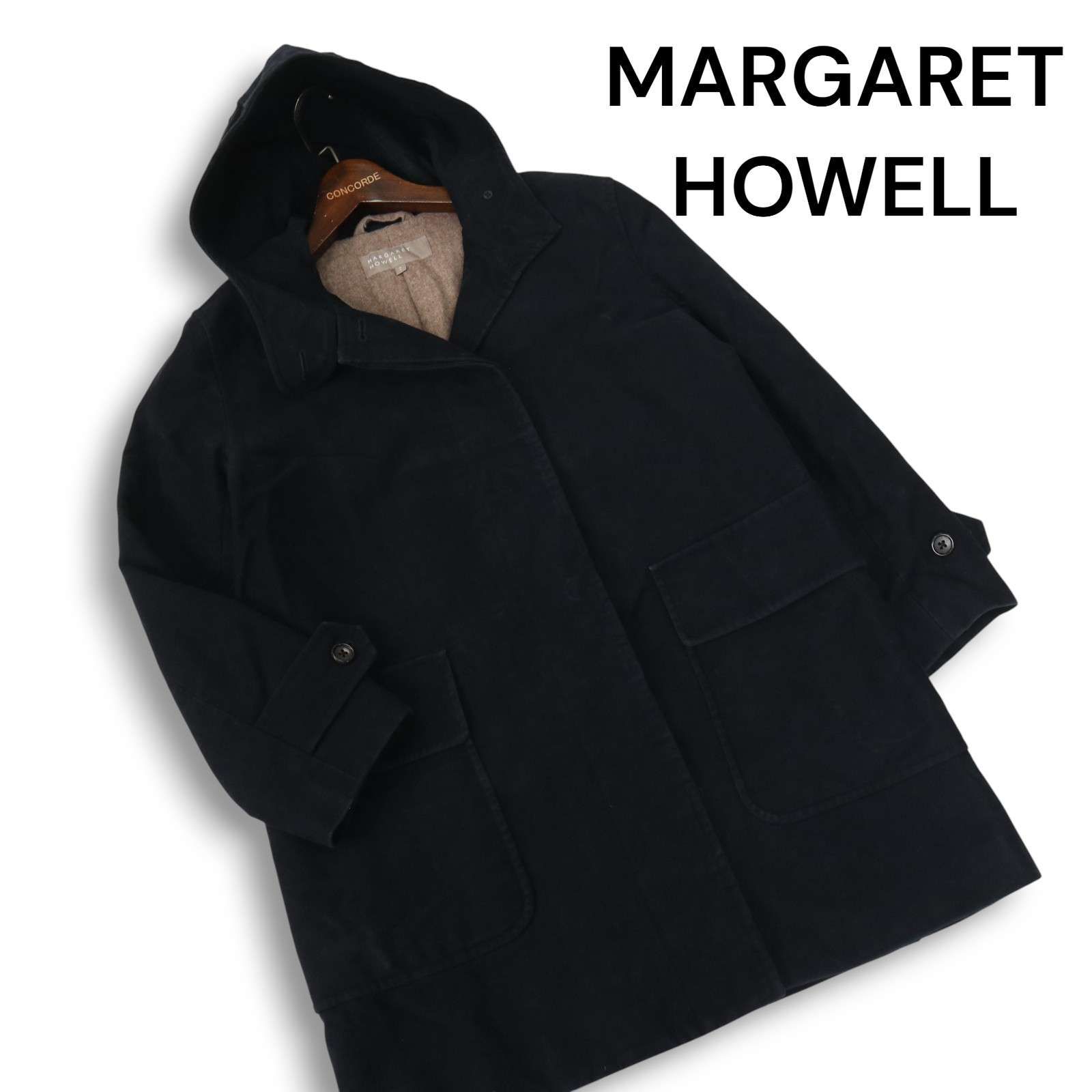 HOWELL マーガレットハウエル 秋冬 モールスキン フーデッド コート Sz.1 レディース 紺 ネイビー