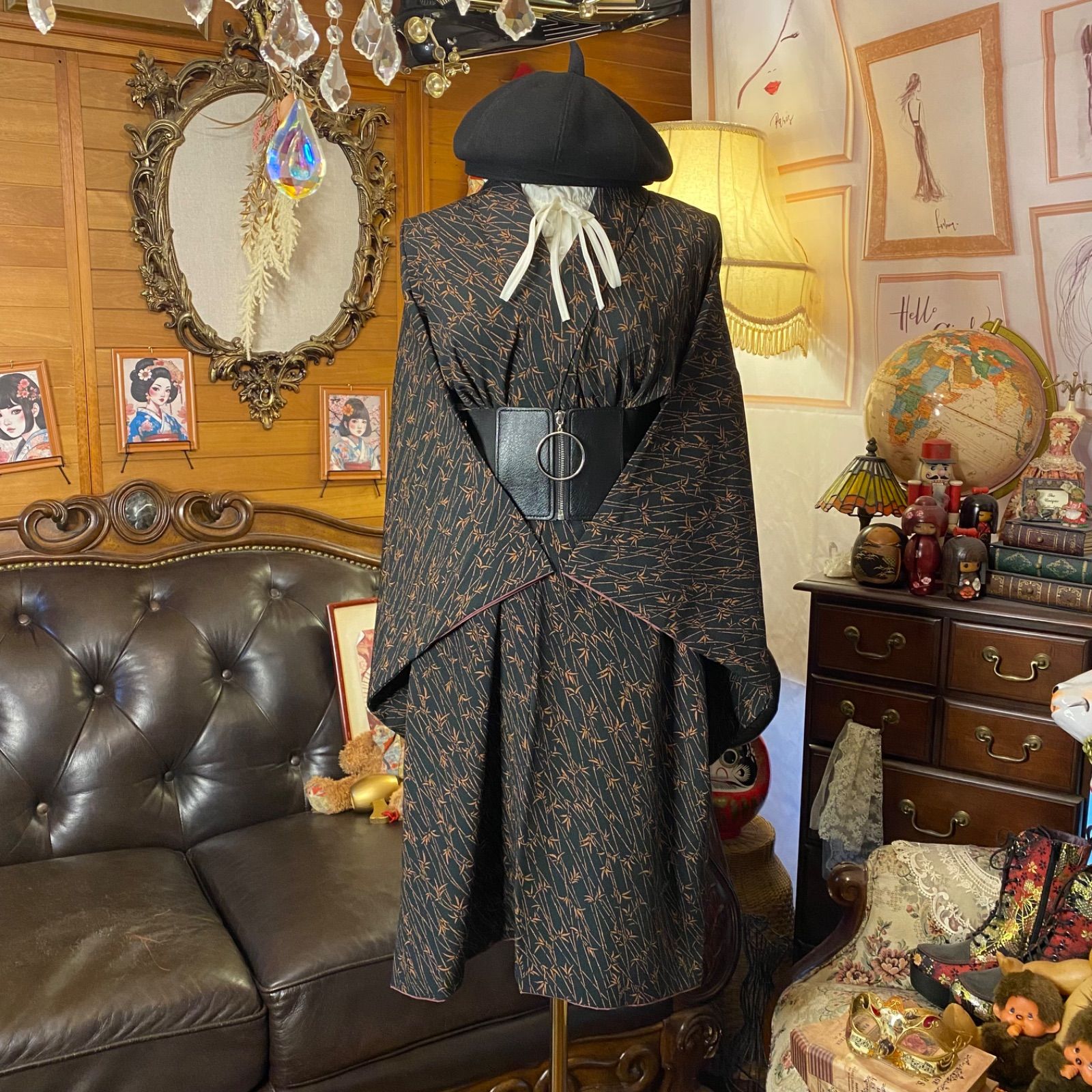 着物リメイク ワンピース｜洗える化繊素材＆コルセット太ゴムベルト付き レトロ 古着 ハンドメイド 竹影揺れる 黒の余白 KW-1149