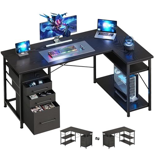 Maihail ゲーミングデスク パソコンデスク l字デスク 机 勉強机 学習机 右棚左棚 幅120 cm pcデスク コーナーデスク 本棚付き 引き出し付き ブラックmp 700 d 5091
