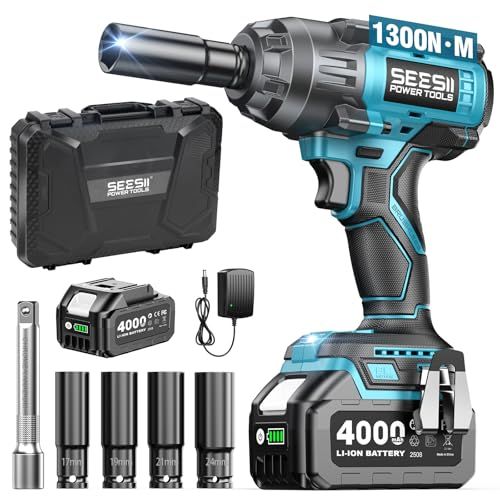 2025 SEESII 電動インパクトレンチ タイヤ交換 インパクト強力 1300N.m BLモーター採用 1 2 トルクレンチ 自動停止モード 正逆切替無段変速 LEDライト 4000mAhバッテリー一個 4本ソケット付き 車用 自動 57cdca49