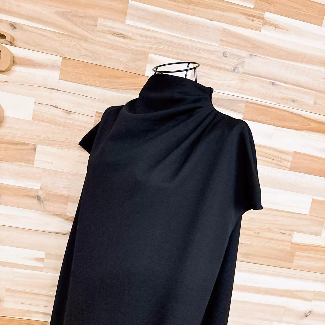 ザラ ノースリーブ アシンメトリー タック ドレープ ワンピースL 黒ブラック ソフト ハイネック シンプル無地 オールブラック