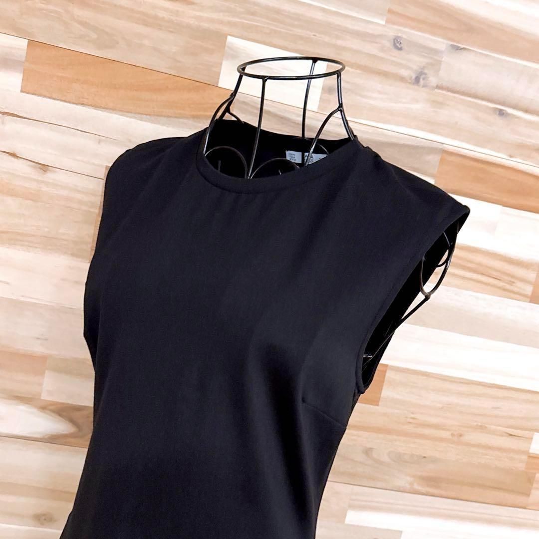 ザラ ノースリーブ ロング ミモレ丈 ワンピース シンプル ビジネス M 黒ブラック クルーネック ドレス 無地 オールブラック