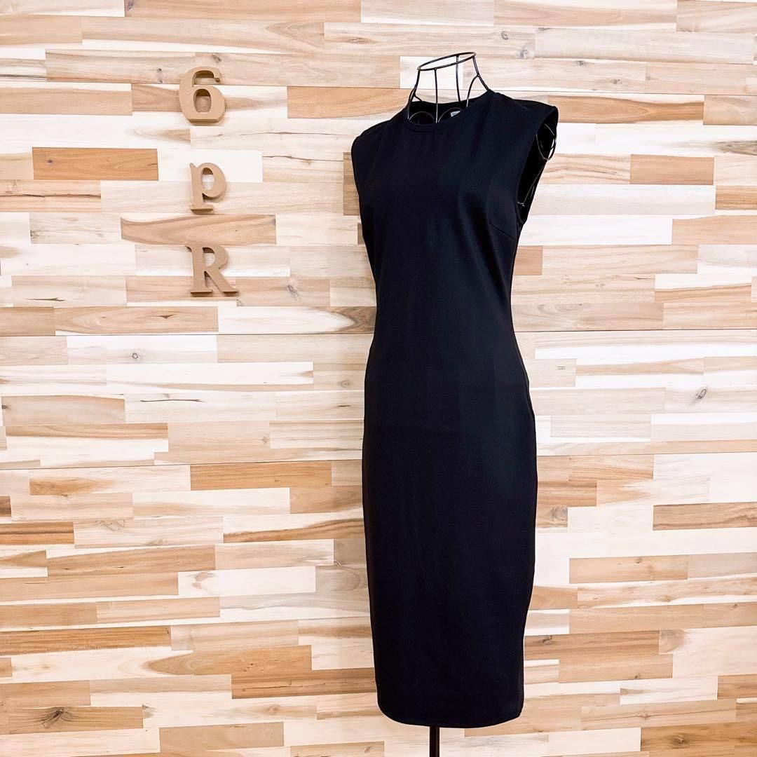 ザラ ノースリーブ ロング ミモレ丈 ワンピース シンプル ビジネス M 黒ブラック クルーネック ドレス 無地 オールブラック