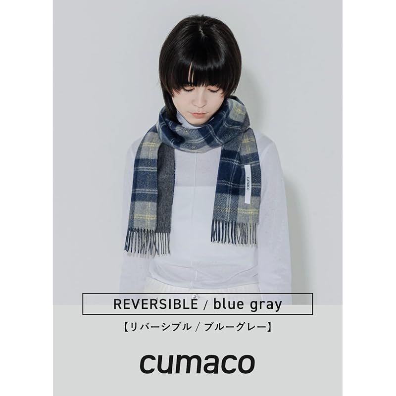 cumaco 10.ブルーグレー カシミヤ ミニマフラー チェック柄 リバーシブル レディース メンズ ユニセックス 小さめ コンパクト ブランド ギフト プレゼント 青 灰色 C-C 0011 B-5015 1