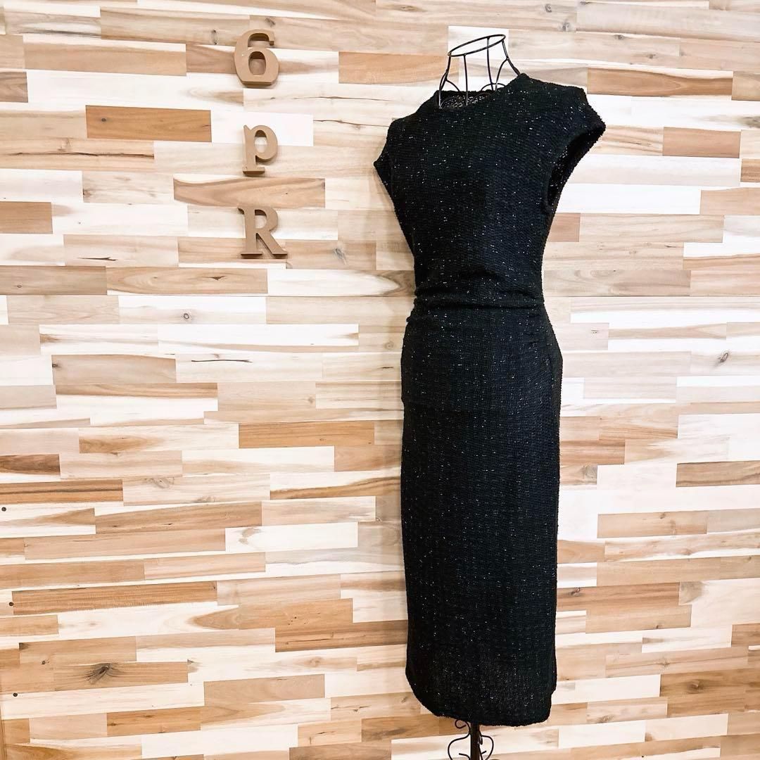 ザラ ツイード ラメ糸 ニット ノースリーブ ロング ワンピース S 黒×金×緑 キラキラ メタル糸 クルーネック ドレス