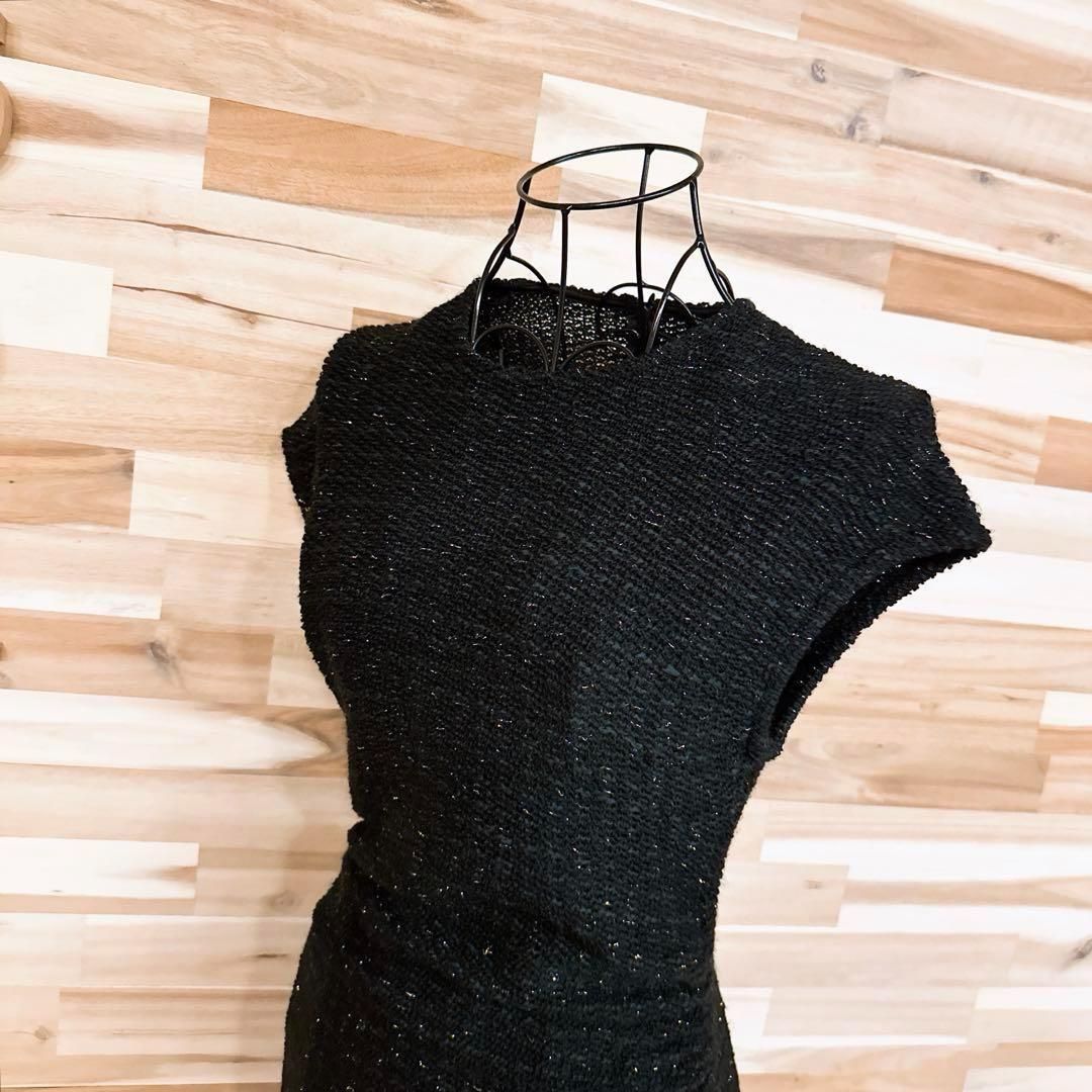 ザラ ツイード ラメ糸 ニット ノースリーブ ロング ワンピース S 黒×金×緑 キラキラ メタル糸 クルーネック ドレス