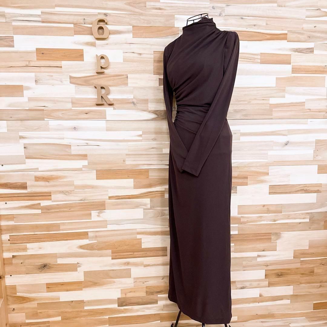 ザラ アシンメトリー ギャザー ロング ドレス ワンピース S茶ブラウン ドレープ ハイネック シンプル 無地 ワン