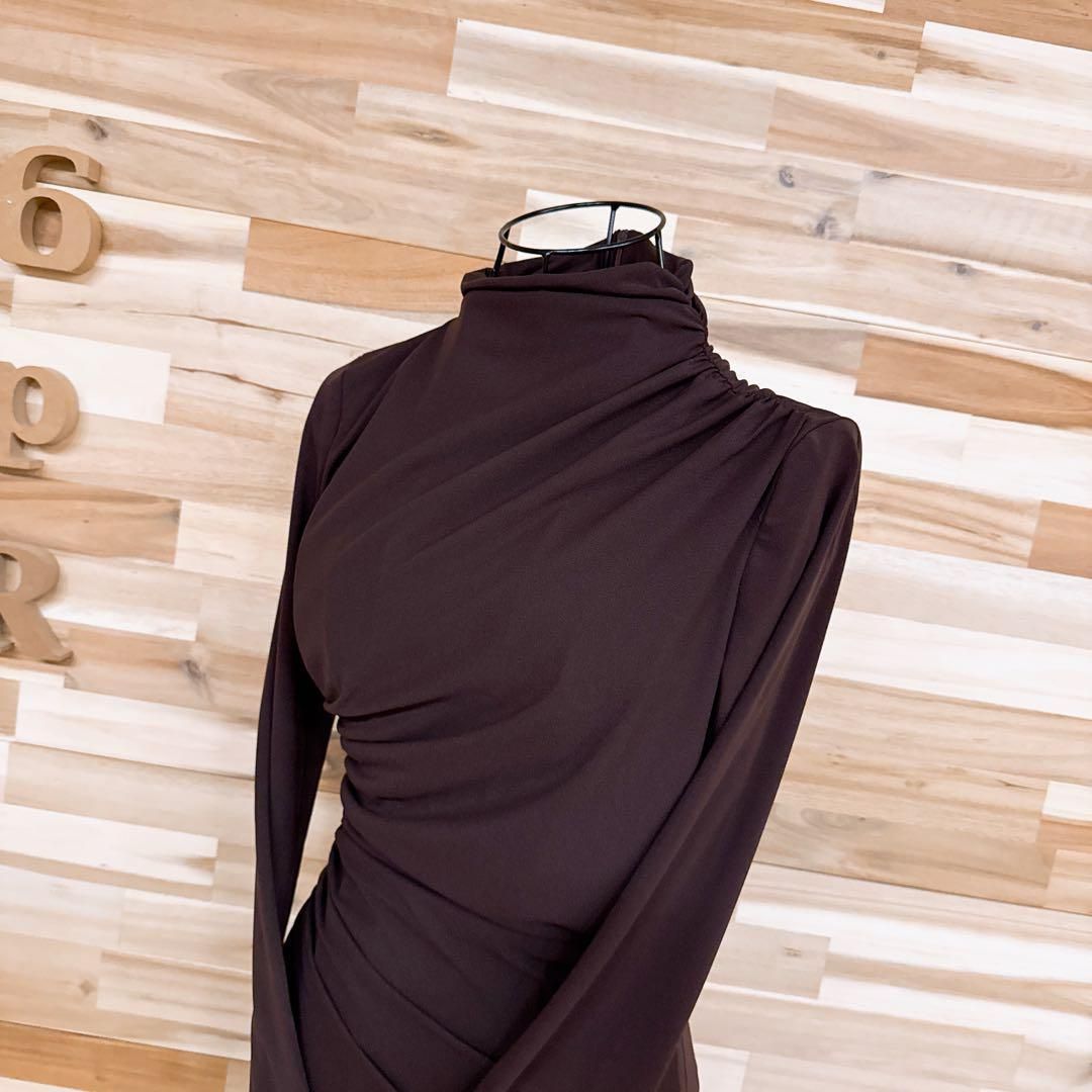 ザラ アシンメトリー ギャザー ロング ドレス ワンピース S茶ブラウン ドレープ ハイネック シンプル 無地 ワン