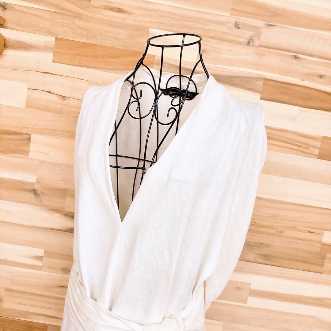 ザラ ナチュラル Vネック ロング ワンピース リネン100％ L 白ホワイト 麻 ドレス 長袖 シンプル無地 ウエストマーク