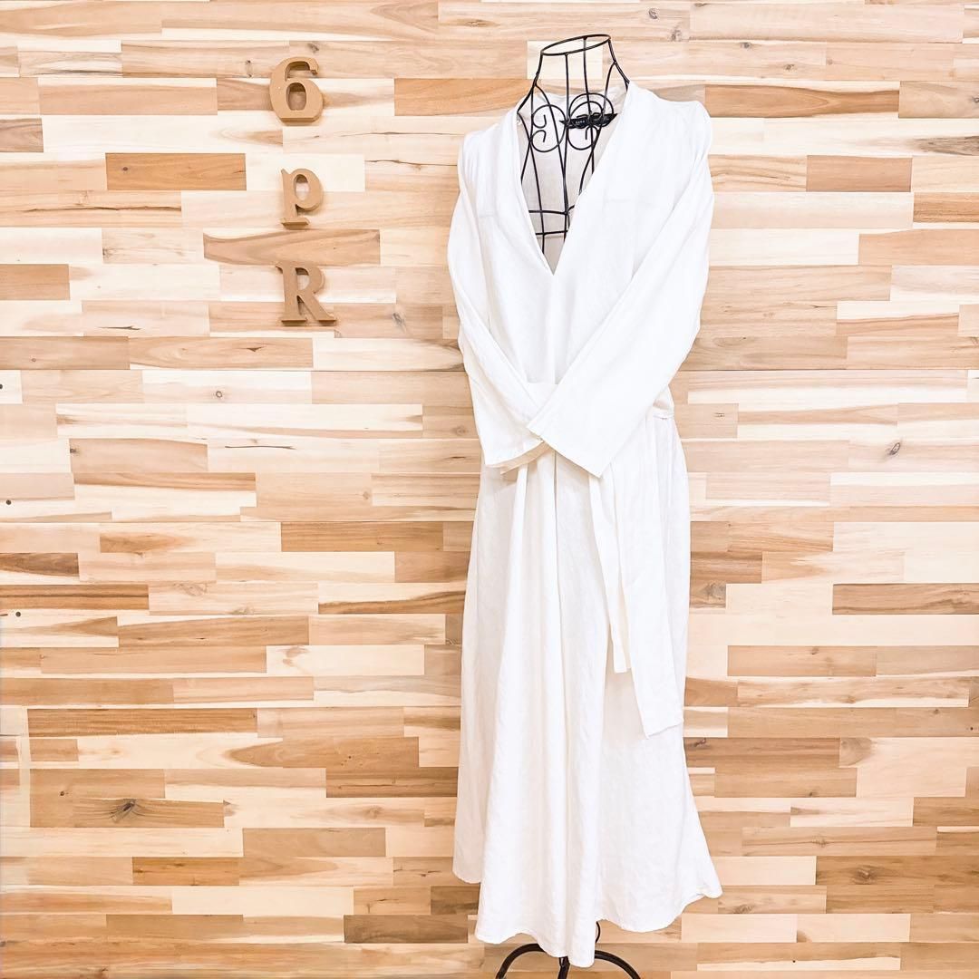 ザラ ナチュラル Vネック ロング ワンピース リネン100% L 白ホワイト 麻 ドレス 長袖 シンプル無地 ウエストマーク