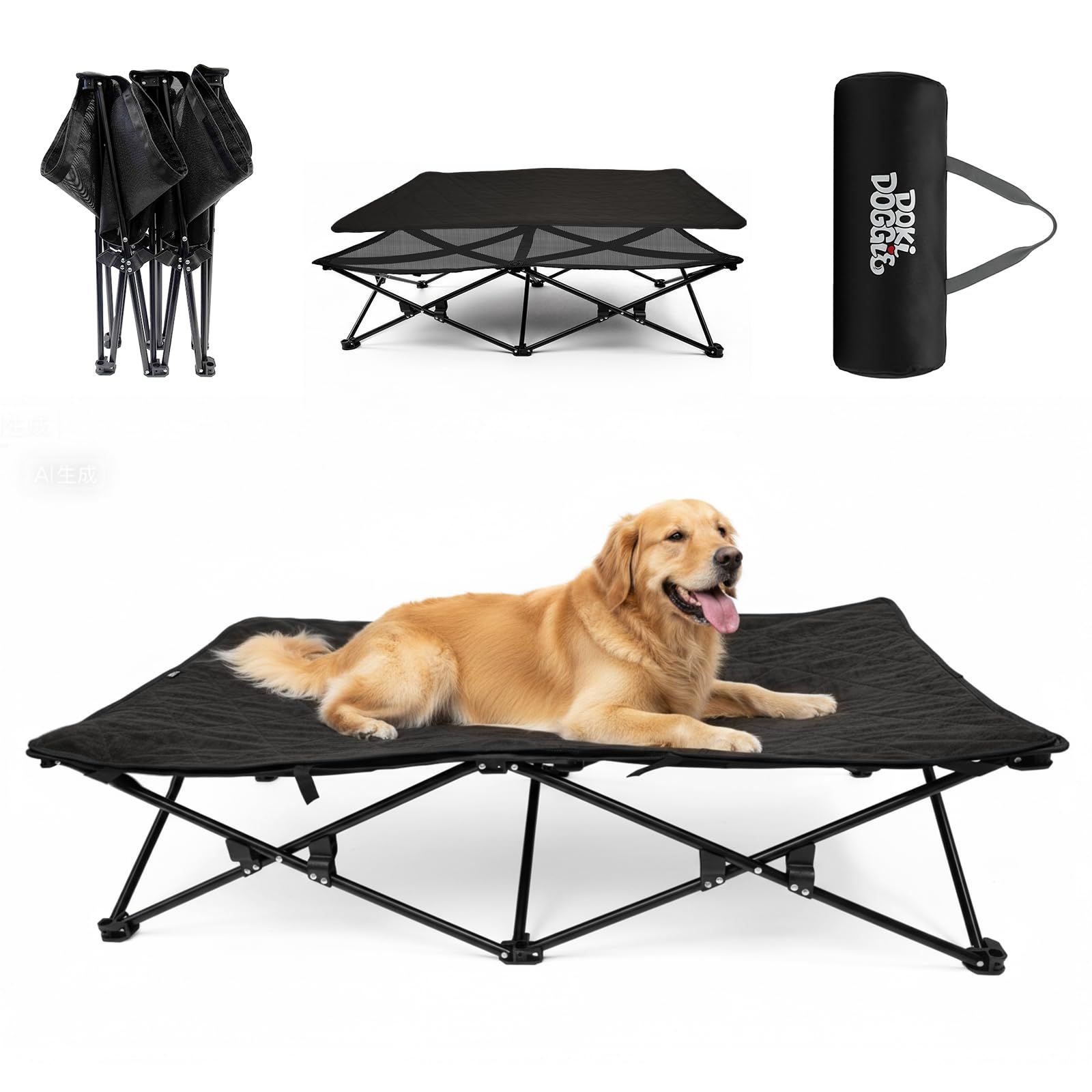 DOKi DOGGiE 折りたたみ式ドッグベッド 小型犬用 高さ調節 持ち運び便利 スチールフレーム 安定 耐久 通気性テスリン生地 スエードクッション付き ソフト エレベーテッド ペットコット 室内室外兼用 ブラック 長さ132 幅68 高さ3
