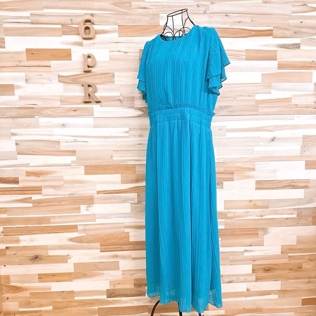ザラ 総プリーツ ロング ドレス ワンピース フリル パーティ XL 青ターコイズブルー クルーネック フリル袖 半袖