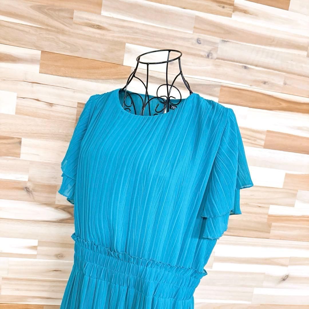 ザラ 総プリーツ ロング ドレス ワンピース フリル パーティ XL 青ターコイズブルー クルーネック フリル袖 半袖