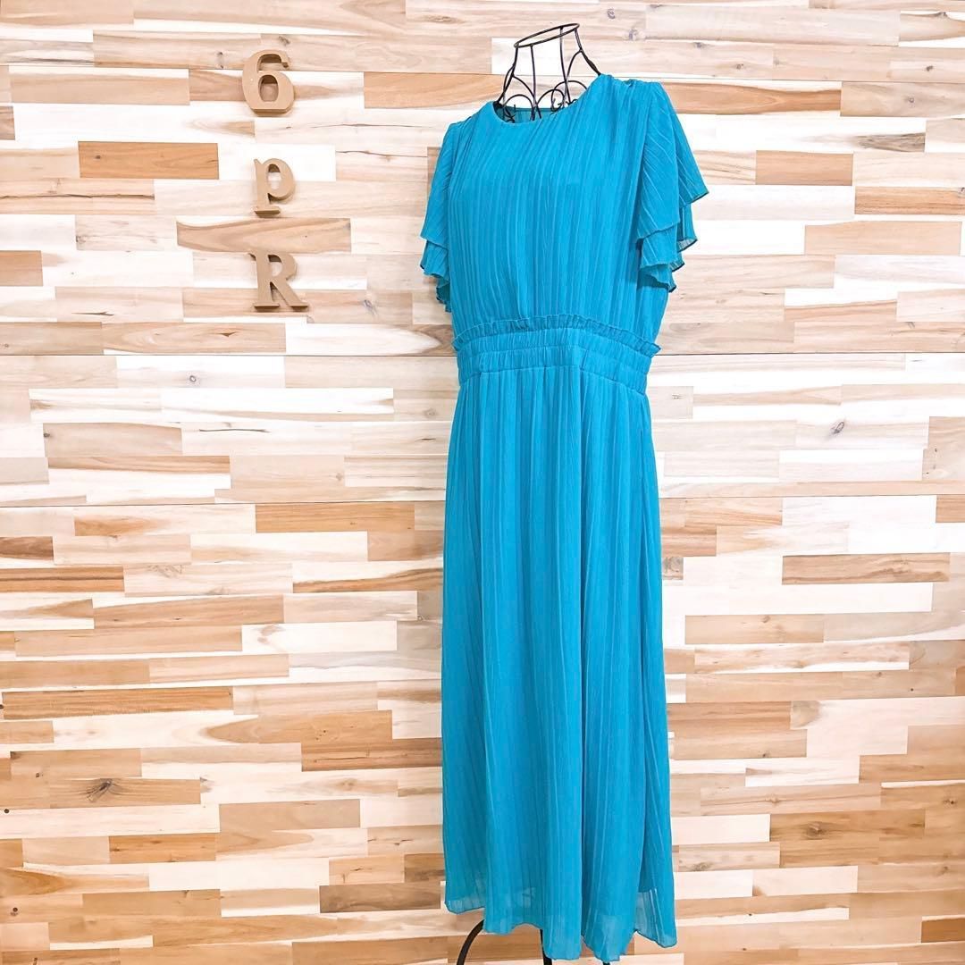  ザラ 総プリーツ ロング ドレス ワンピース フリル パーティ XL 青ターコイズブルー クルーネック フリル袖 半袖 半袖 カットソーワンピース