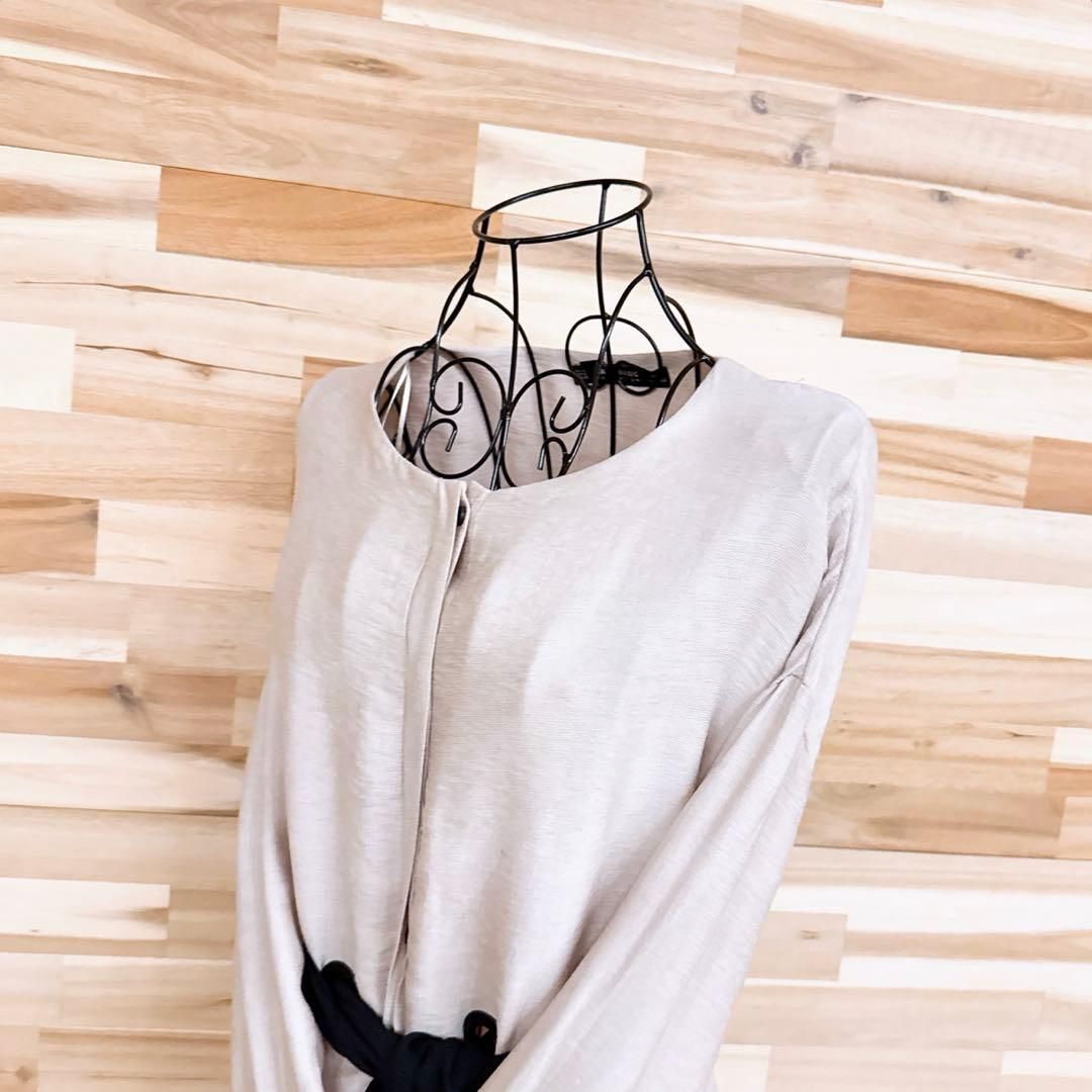 ザラ ロング スリット ワンピース ベルト付き サッカー素材 M ベージュ×黒ブラック ヘンリーネック 長袖 ドレス バイ