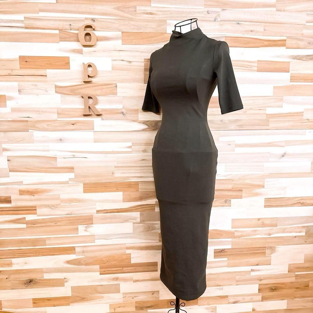 ザラ ねじりネック ロング タイト ワンピース 無地 シンプル XS カーキ ドレープ ツイストネック ドレス 半袖 ストレッチ