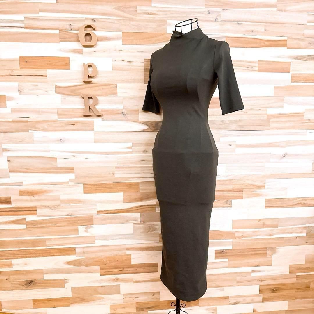  ザラ ねじりネック ロング タイト ワンピース 無地 シンプル XS カーキ ドレープ ツイストネック ドレス 半袖 ストレッチ 半袖 カットソーワンピース