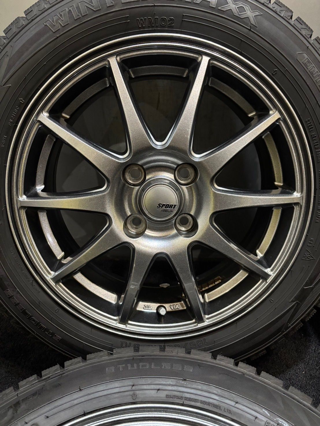 165 65 R 15 DUNLOP WINTER MAXX WM 02 23年製 ABELIA 15インチ 5 J 43 100 4 H スタッドレス 4本 タフト ソリオ デリカD 2 南1 K 591