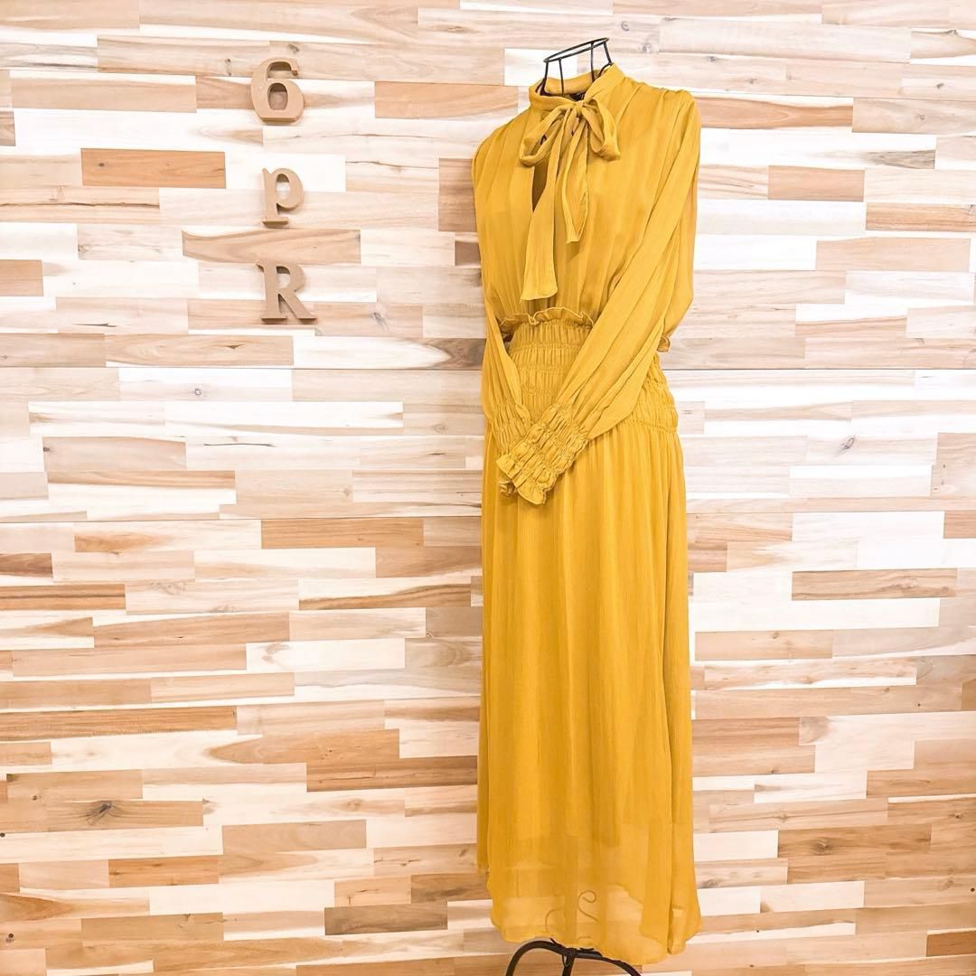 ザラ リボン タイ付き シフォン ロング ドレス ワンピース XS 黄土色マスタード Vネック シャーリング ギャザー 長袖