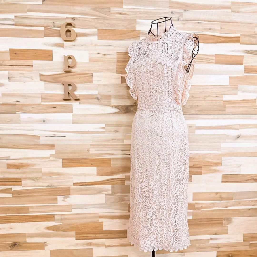 ザラ 総レース 花柄フリル ノースリーブ ロング ドレス ワンピース Sピンク フラワー フローラル スタンド クラシカル