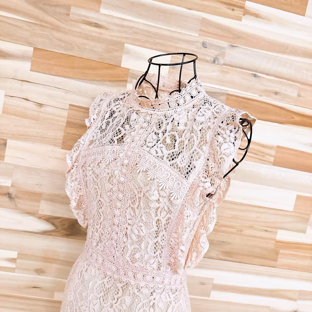 ザラ 総レース 花柄フリル ノースリーブ ロング ドレス ワンピース Sピンク フラワー フローラル スタンド クラシカル