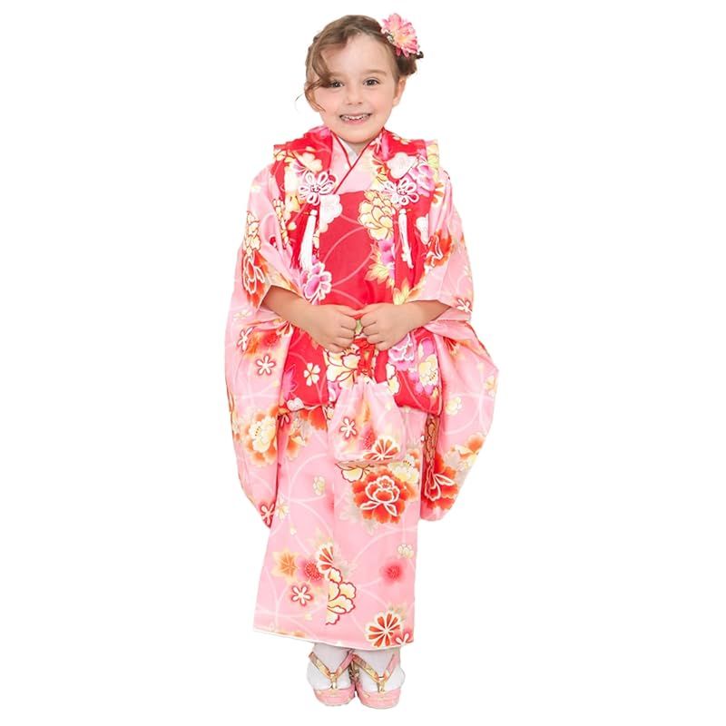 KYOETSU キョウエツ 着物セット 七五三用 3歳用 被布セット 華やかC 9点セット 柄被布 柄着物 伊達衿 長襦袢 髪飾り 巾着 草履 腰紐 足袋 ガールズ ワンサイズ 14.七宝の麗花牡丹 0