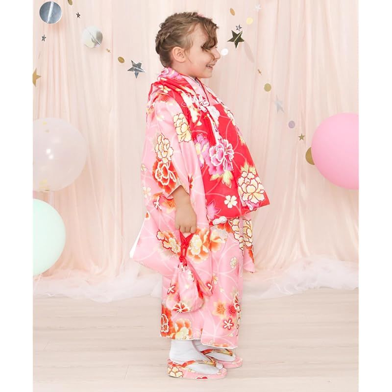 KYOETSU キョウエツ 着物セット 七五三用 3歳用 被布セット 華やかC 9点セット 柄被布 柄着物 伊達衿 長襦袢 髪飾り 巾着 草履 腰紐 足袋 ガールズ ワンサイズ 14.七宝の麗花牡丹 0