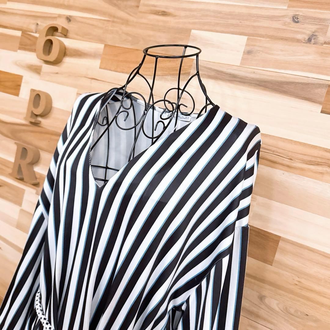 ザラ ゆったり Vネック ストライプ ロング ワンピース長袖 L 黒×白 ドレープ ドレス ベルト ブラック ホワイト