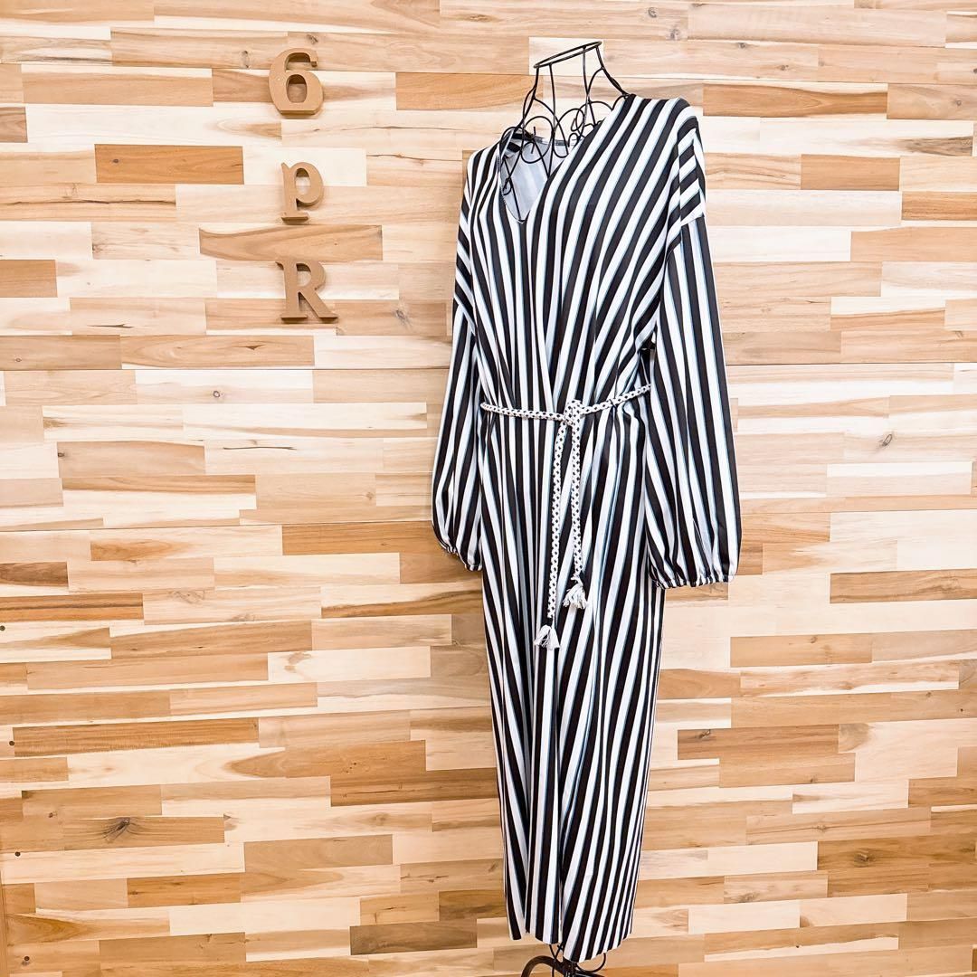 ザラ ゆったり Vネック ストライプ ロング ワンピース長袖 L 黒×白 ドレープ ドレス ベルト ブラック ホワイト