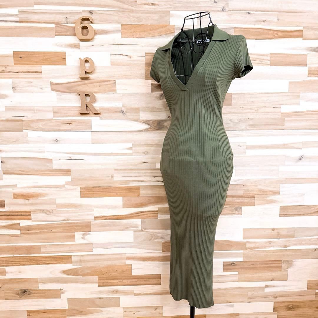 ザラ Vネック リブ ニット ロング ワンピース 半袖 タイト M カーキ オリーブ 開襟ネック シンプル 無地 ドレス