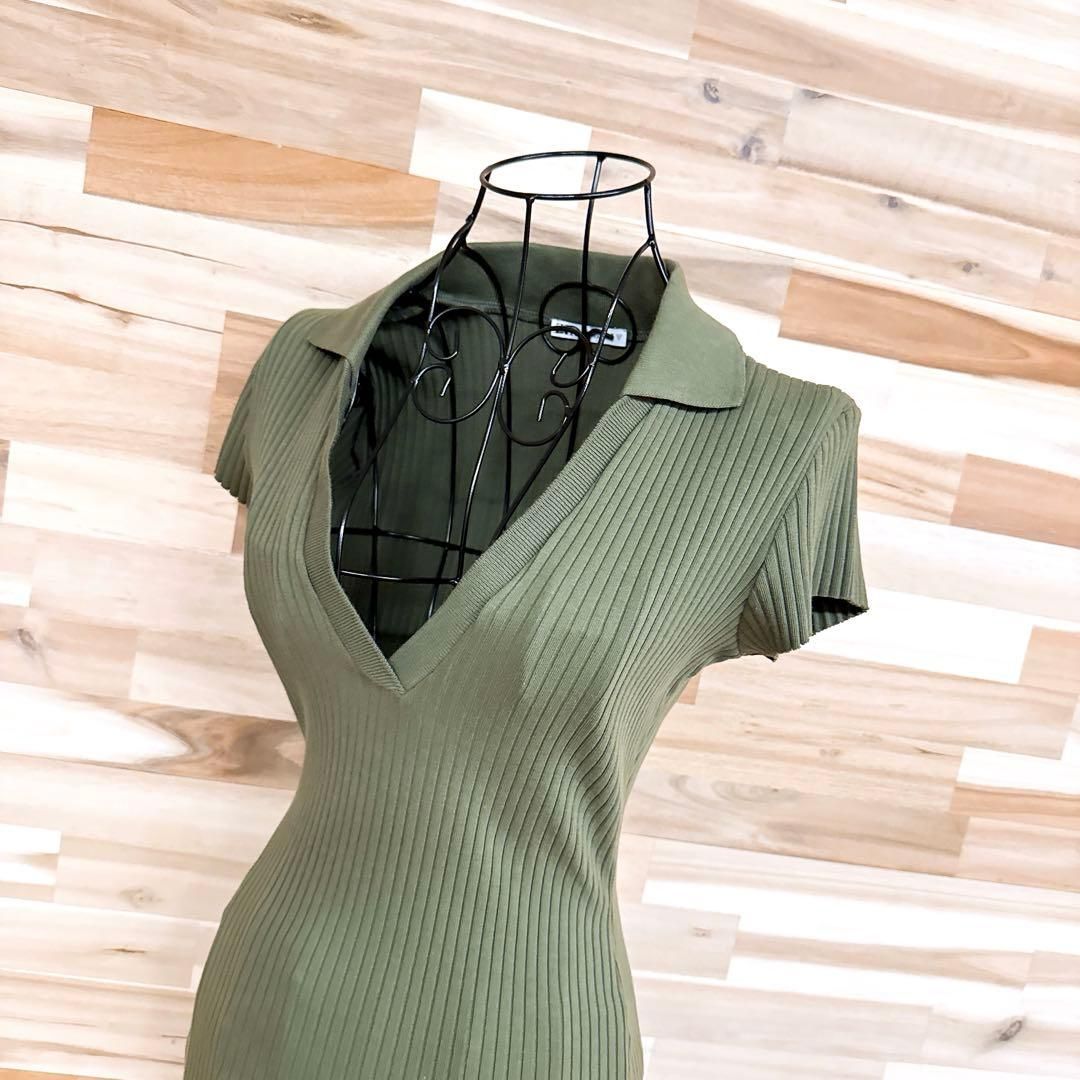 ザラ Vネック リブ ニット ロング ワンピース 半袖 タイト M カーキ オリーブ 開襟ネック シンプル 無地 ドレス