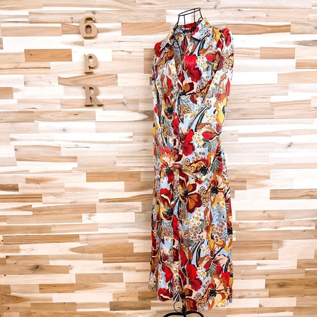 ザラ 花柄 リーフ ボタニカル ロング シャツ ワンピース リゾート M青 赤 フラワー アート 総柄 Vネック ドレス 長袖