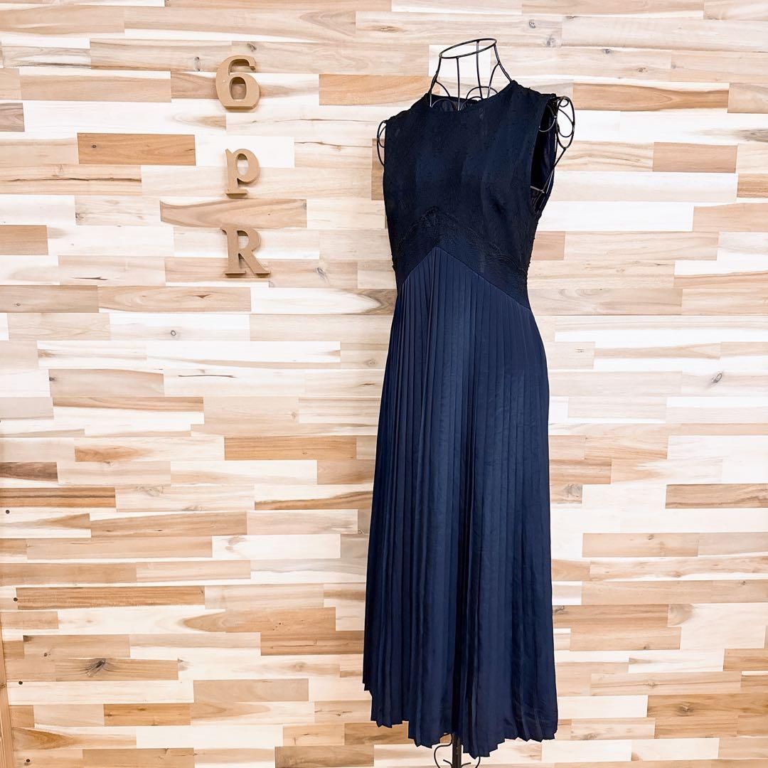 ザラ 刺繍レース×プリーツ 切り替えノースリーブ ワンピース S 紺×黒 異素材 ドッキング ドレス ネイビー ブラック