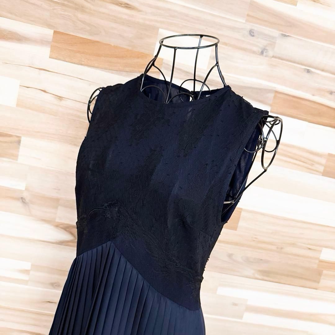 ザラ 刺繍レース×プリーツ 切り替えノースリーブ ワンピース S 紺×黒 異素材 ドッキング ドレス ネイビー ブラック