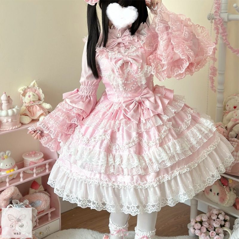 ピンクロリータキャミドレス スイートプリンセス フォトジェニック イベント 日常着 高品質 レース装飾 女性らしいシルエット 桜色の夢を纏って 毎日がひらひらと舞い踊るおとぎ話の主人公に