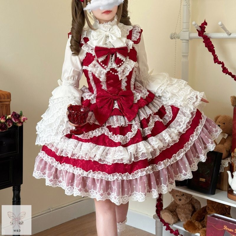 レッドロリータキャミドレス スイートプリンセス フォトジェニック イベント 日常着 高品質 レース装飾 女性らしいシルエット 深紅の情熱が織りなす 甘くも気高きプリンセスの物語をあなたへ