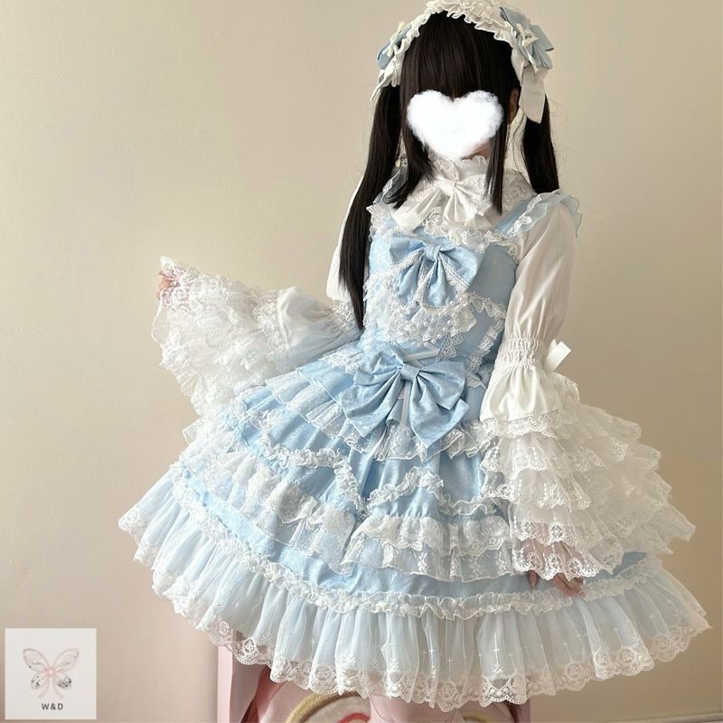 ブルーロリータキャミドレス スイートプリンセス フォトジェニック イベント 日常着 高品質 レース装飾 女性らしいシルエット 青い宝石のように輝く おとぎ話から飛び出したプリンセスの一着