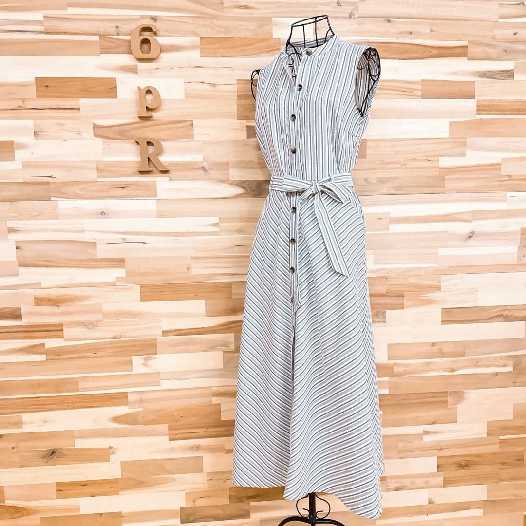 ザラ シアサッカー ストライプ ノースリーブ ロング シャツ ワンピース M白ホワイト グレー ヘンリーネック ドレス ベルト