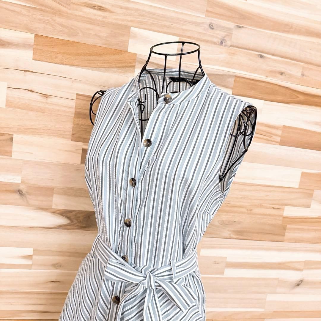 ザラ シアサッカー ストライプ ノースリーブ ロング シャツ ワンピース M白ホワイト×グレー ヘンリーネック ドレス ベルト