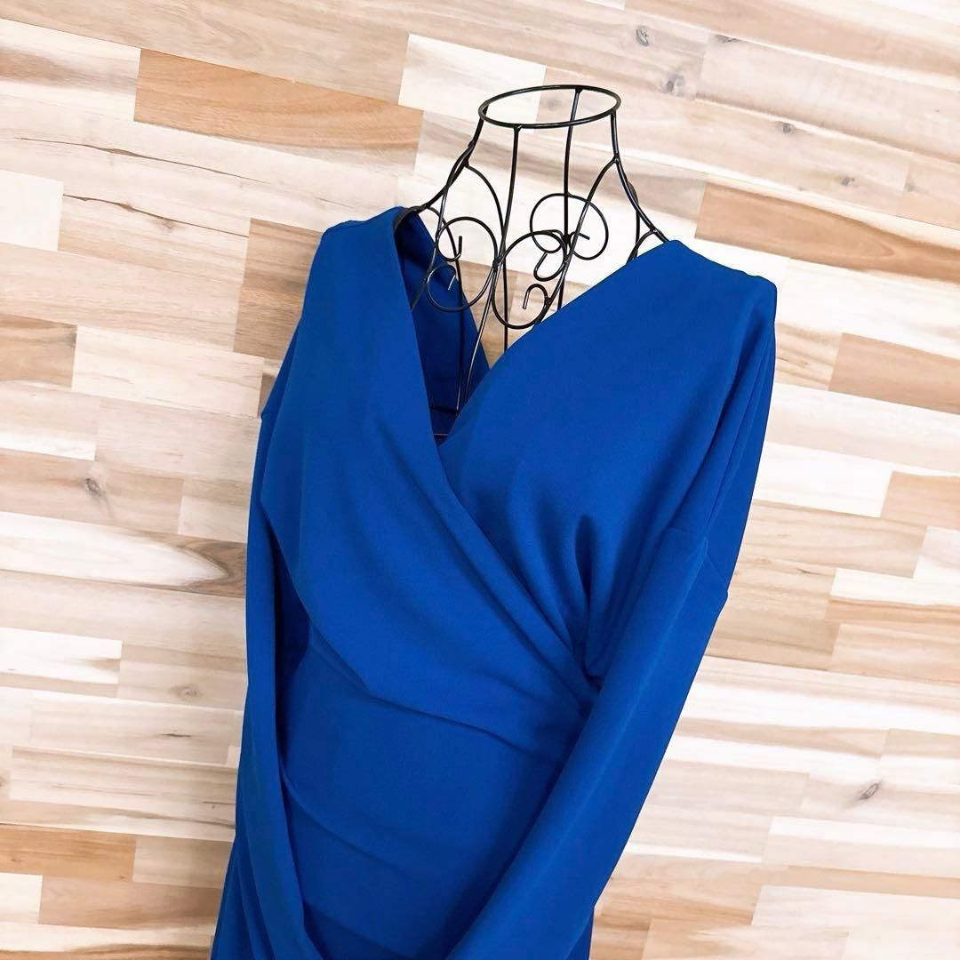 ザラ カシュクール Vネック ロング ドレス ワンピース ソリッド S青ブルー ドレープ Vカットバック 長袖 ワン