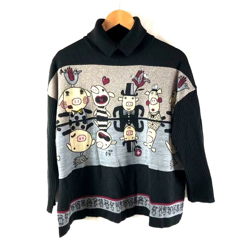 アルベロベロ Alberobello ニット タートルニット ビジュー ビーズ 装飾 イラスト ラメ入り生地 黒 862459