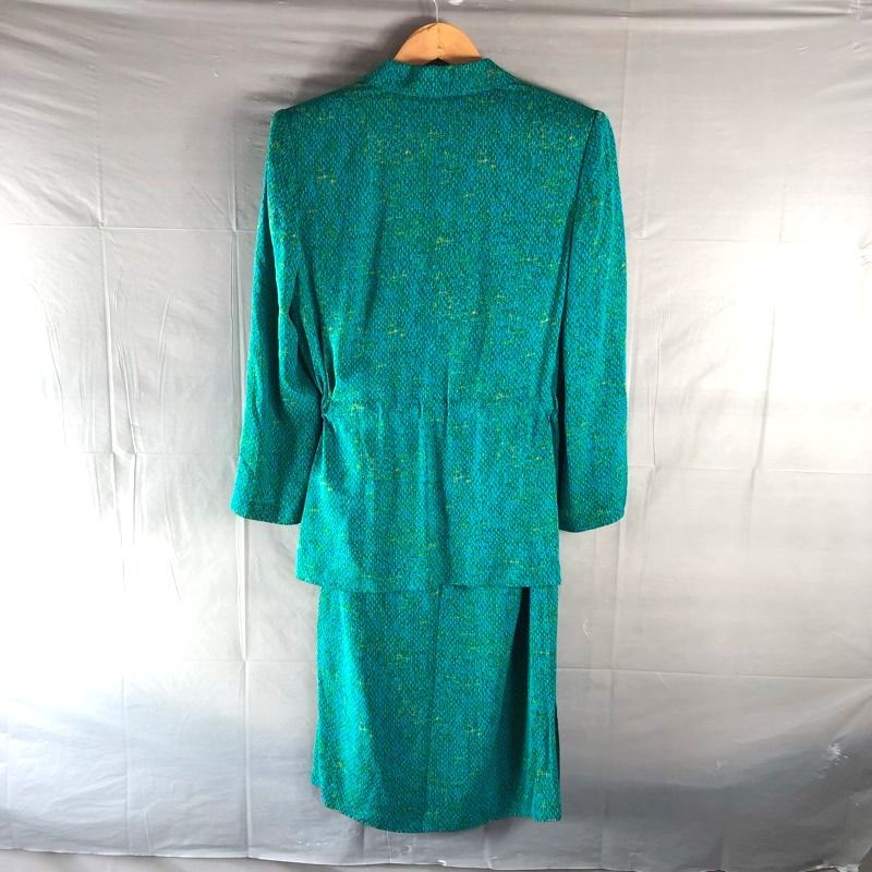 ジュンアシダ jun ashida セットアップ ジャケット 半袖ワンピース 肩パット 腰ひも付 シルク 絹100% グリーン 9サイズ 976062