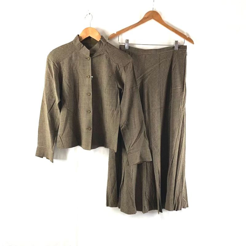 ヒロココシノ HIROKO KOSHINO セットアップ トップス ロングスカート チェック柄 プリーツ 裏地付き ブラウン系 978240