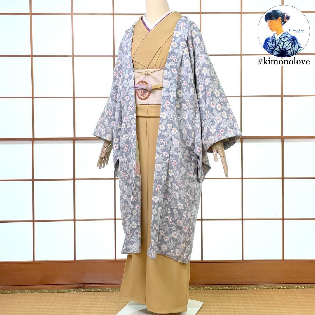 長羽織 正絹 ちりめん地 四季草花 ブルーグレー 身丈110 cm 着物 kimonolove 仕立替え品 オゾン消臭サービス A-2077