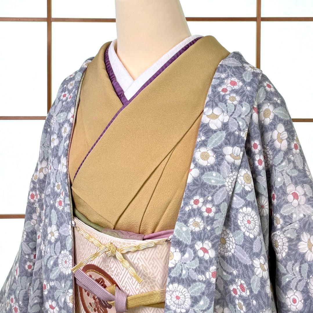 長羽織 正絹 ちりめん地 四季草花 ブルーグレー 身丈110 cm 着物 kimonolove 仕立替え品 オゾン消臭サービス A-2077