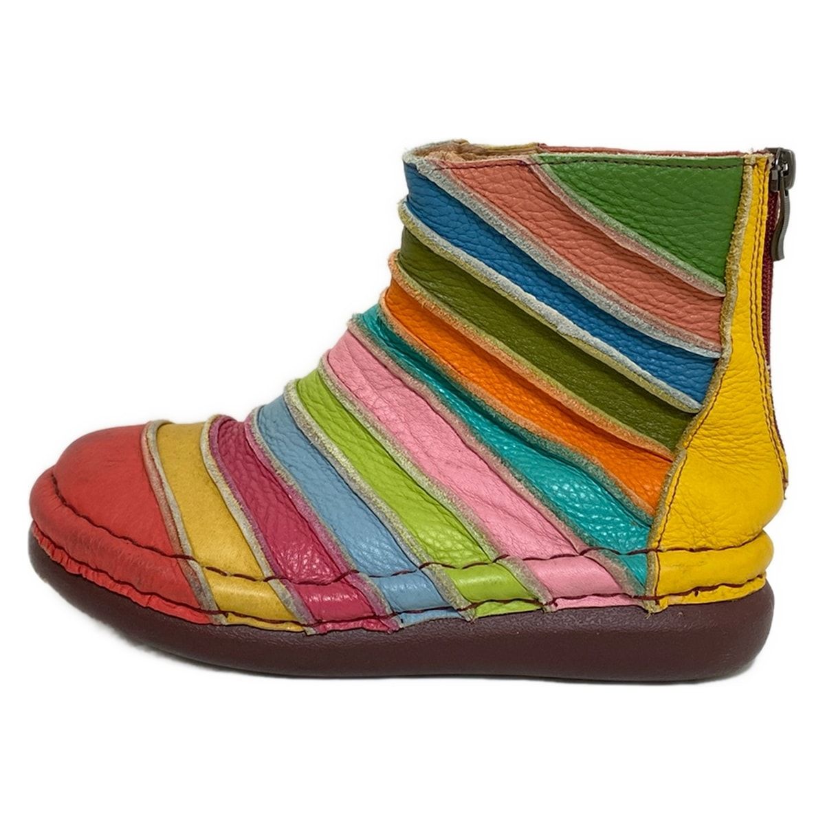 Estacion エスタシオン ショートブーツ S レディース - レッド×ダークイエロー×マルチ ボーダー レザー