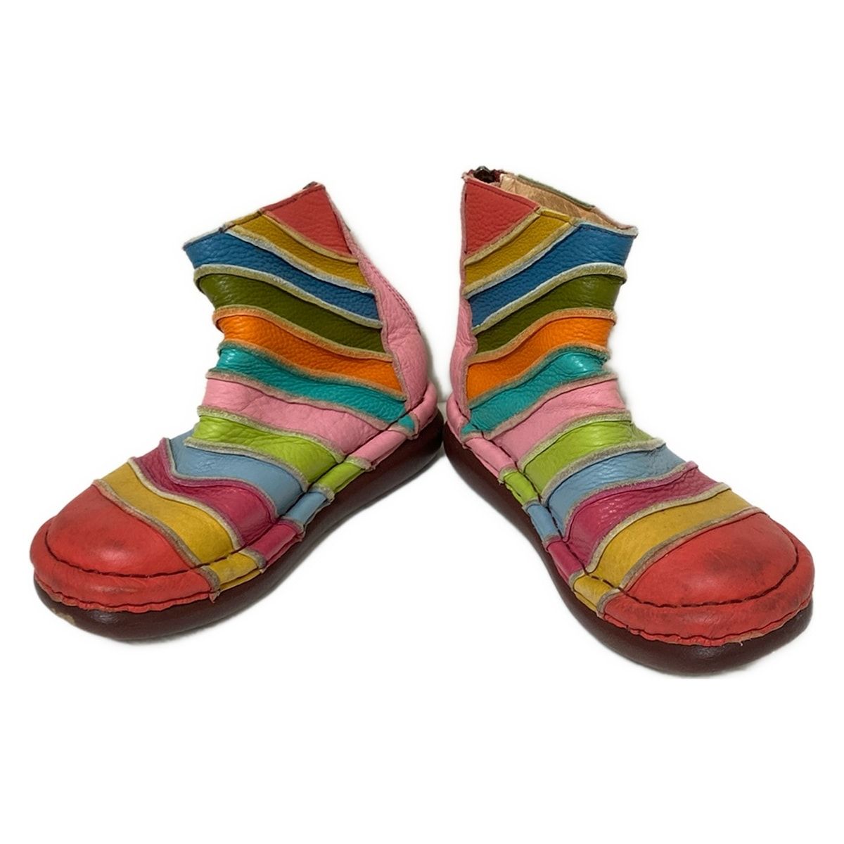 Estacion エスタシオン ショートブーツ S レディース - レッド×ダークイエロー×マルチ ボーダー レザー