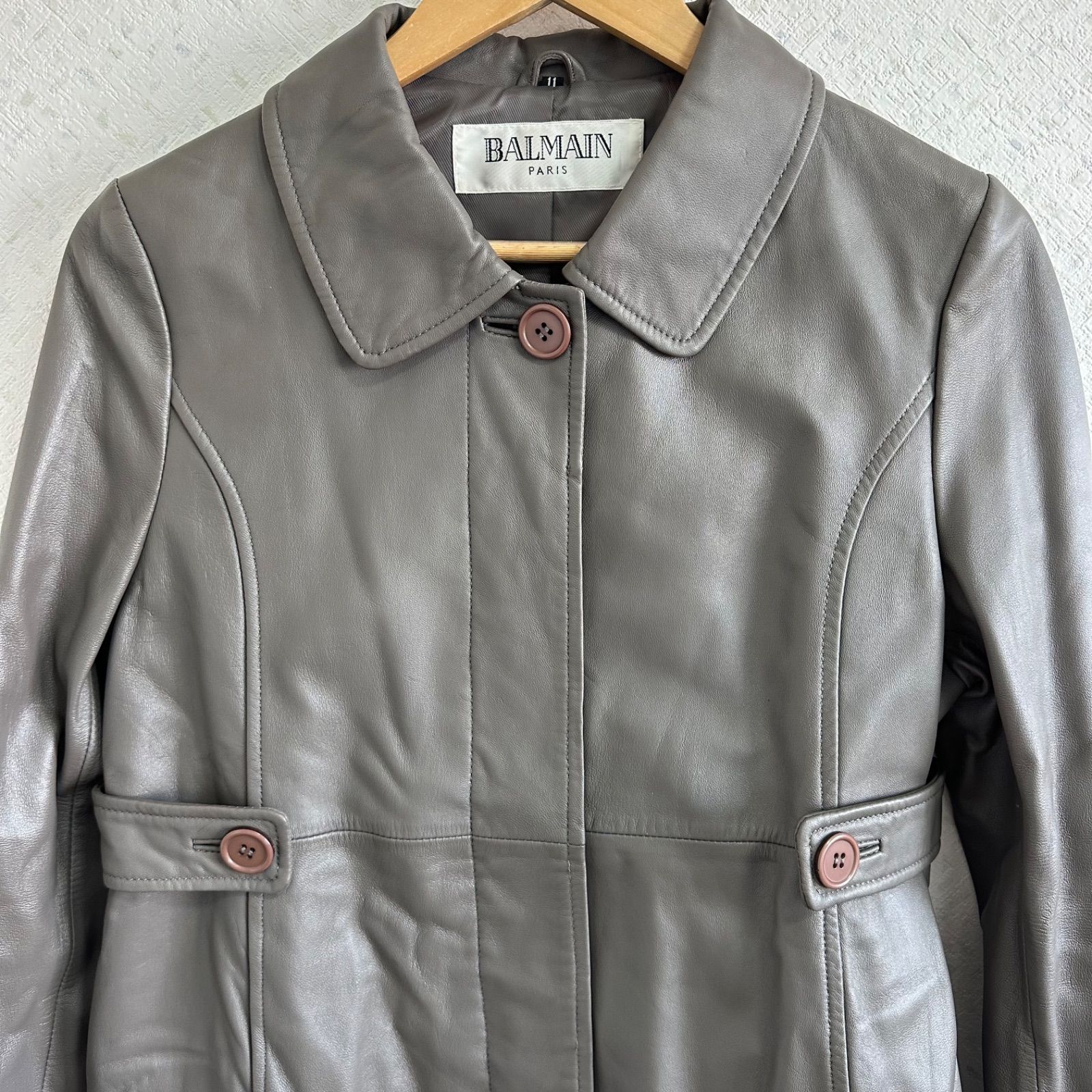 Z1592【美品】BALMAINバルマン レザーコートアウター グレー 羊革