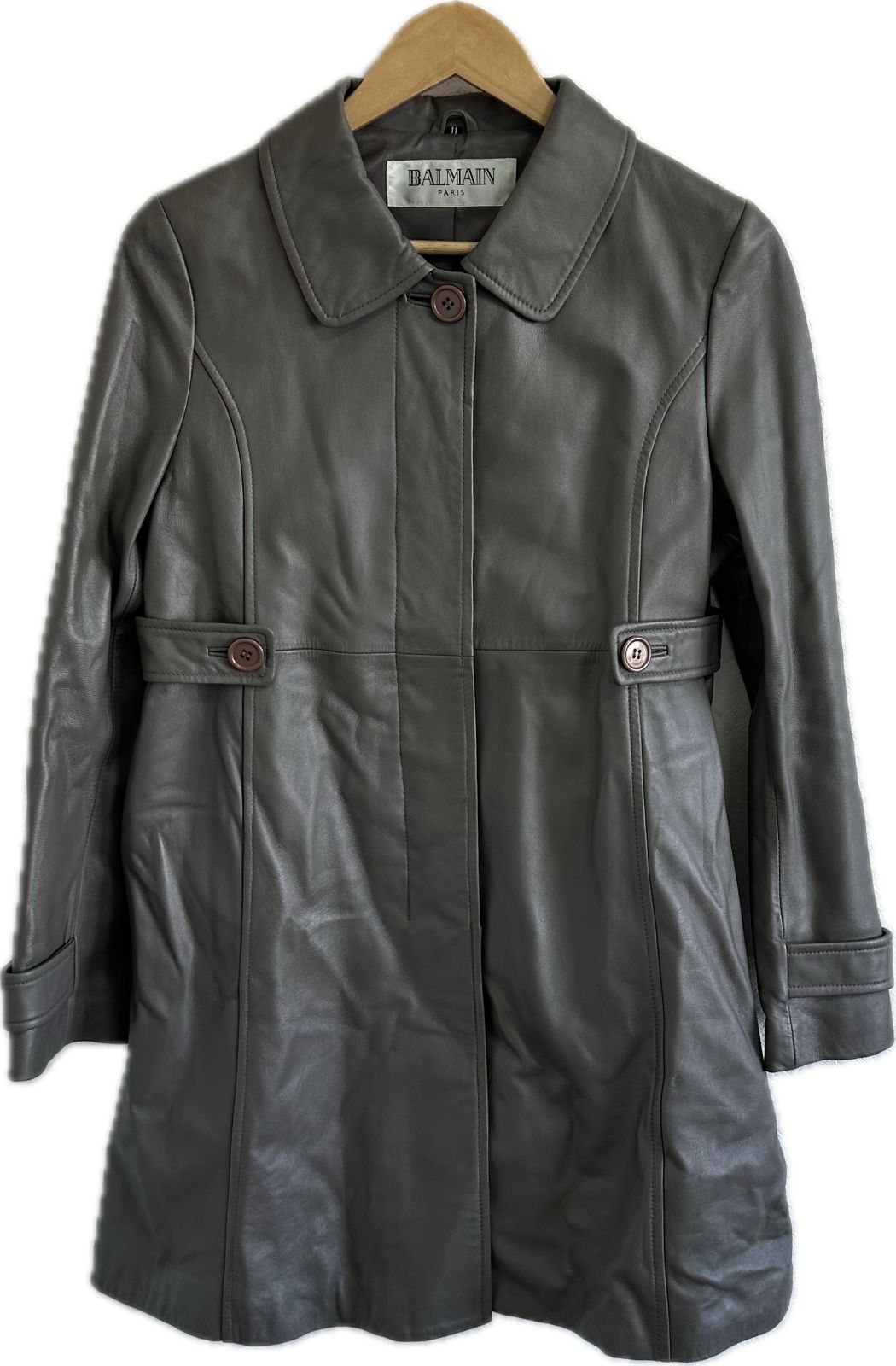 Z1592【美品】BALMAINバルマン レザーコートアウター グレー 羊革