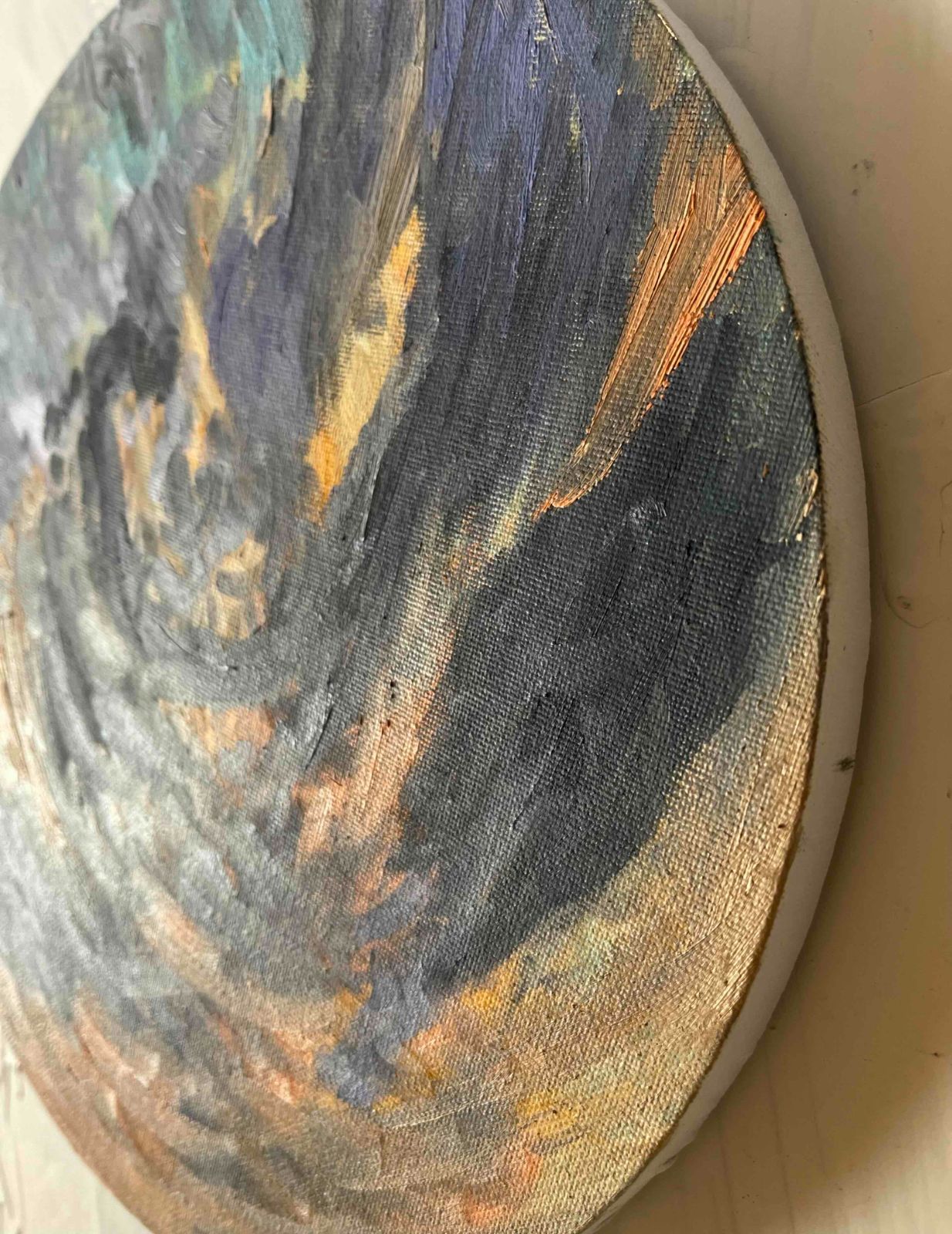 直径30㎝「画家の家の上空1」油彩・絵画・原画・丸形・アートパネル